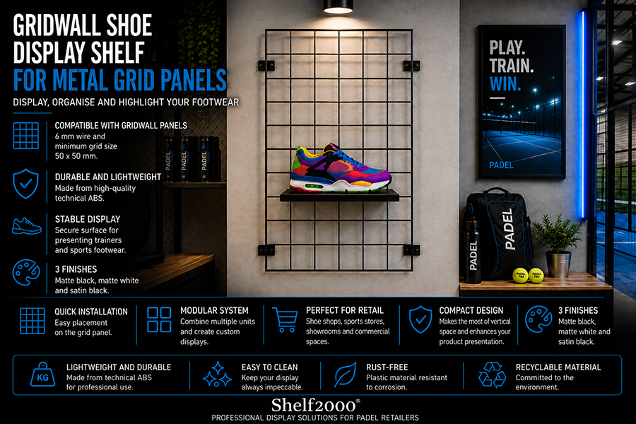 Infographic of the Shelf2000 gridwall shoe display shelf made from ABS, designed to display trainers and sports footwear in shops and showrooms.